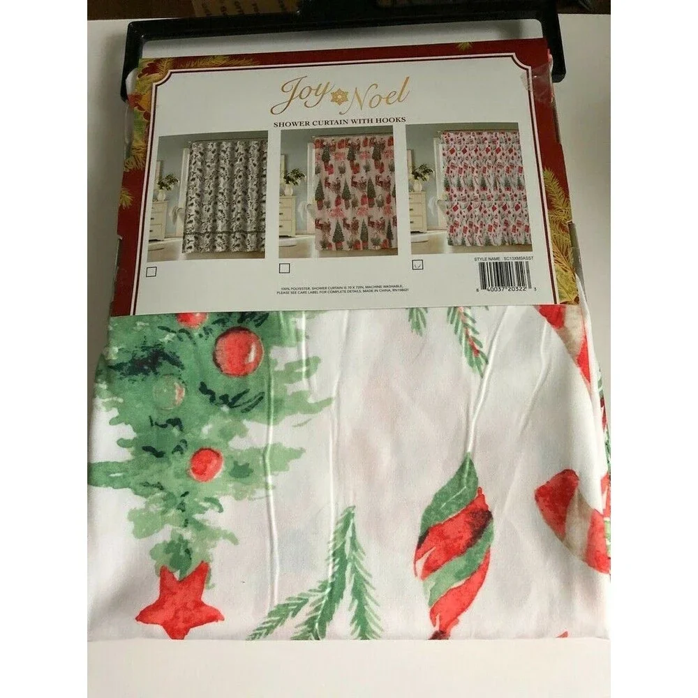 Christmas Fabric Shower Curtain Presents Candy Cane Holiday with Hooks 72x70